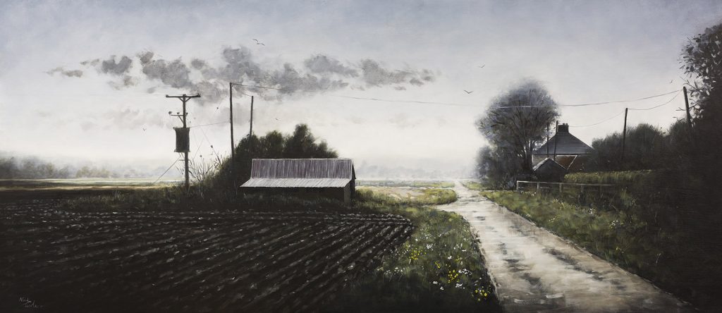 Fenland painting - Rain on Morton Fen by Nick Tearle