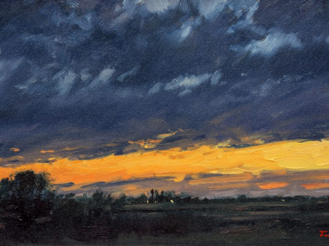 Painting of the fens by nick tearle entitled Fenland Dusk