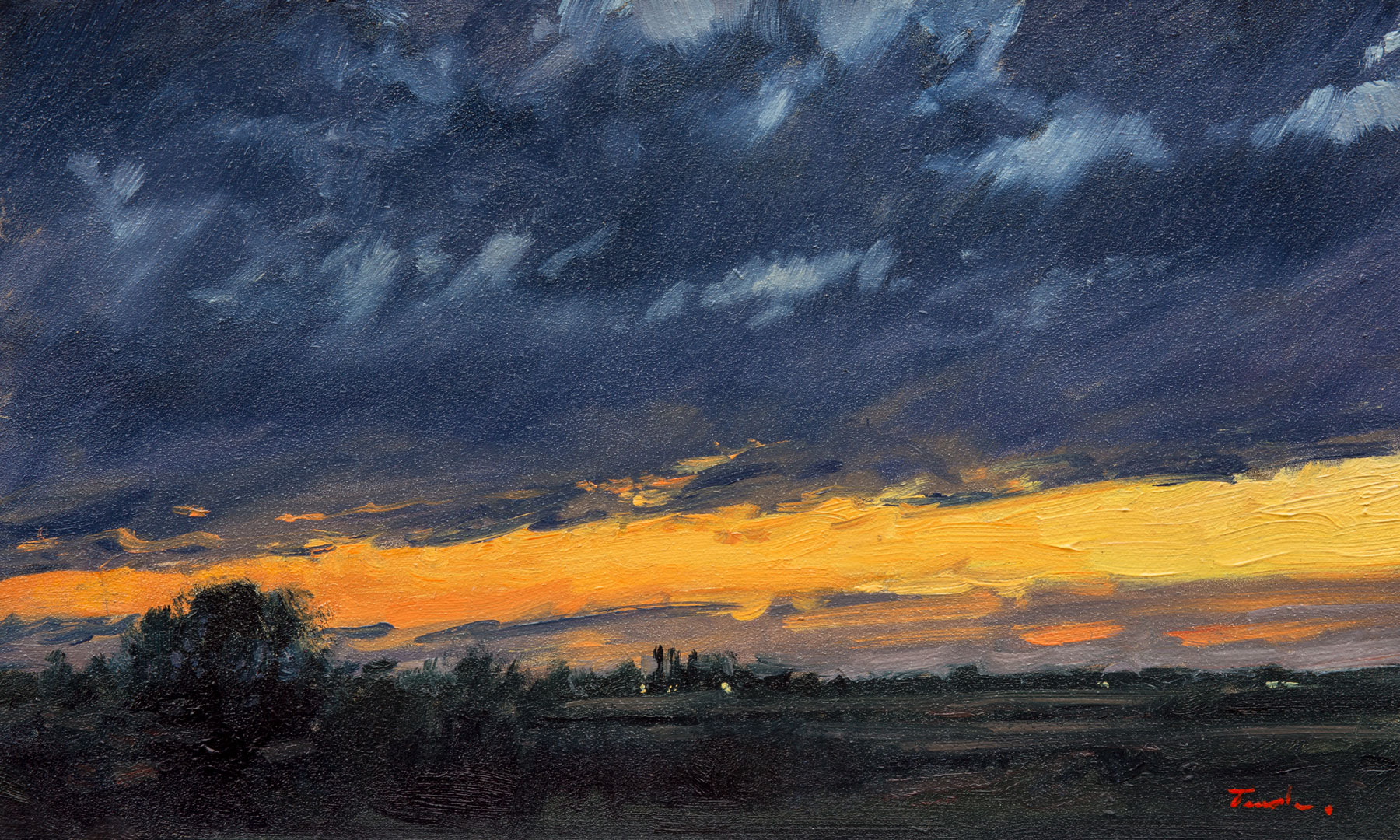 Painting of the fens by nick tearle entitled Fenland Dusk